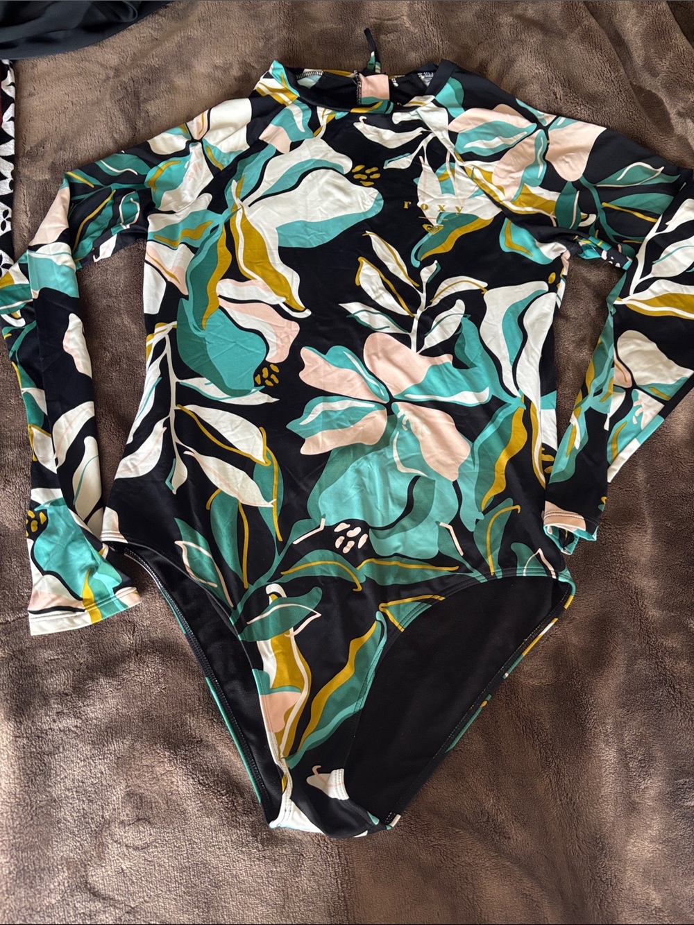 Roxy Black Floral Long-Sleeve One-Piece Swimsuit with Teal, Pink & Mustard